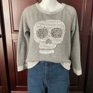 Rewind Beaded and Crochet Skull Sweatshirt